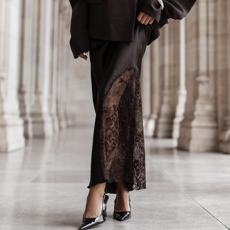 Spódnica długa satynowa z koronką LACE- brązowa