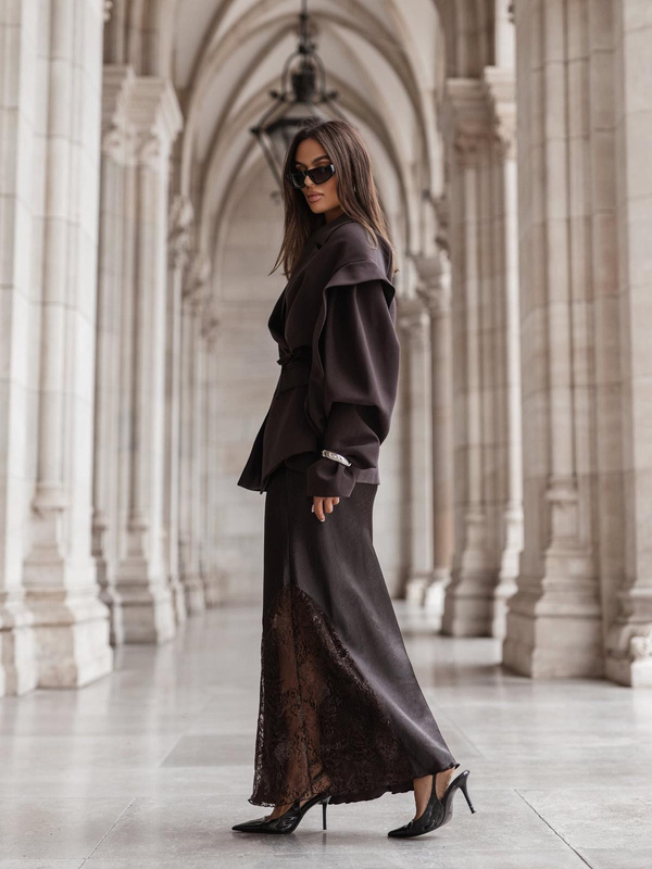 Spódnica długa satynowa z koronką LACE- brązowa