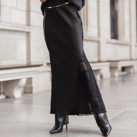 Spódnica długa satynowa z koronką LACE- czarna