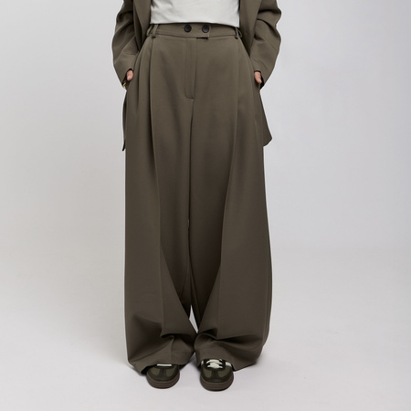 Khaki spodnie damskie TERRA z szerokimi nogawkami i zakładkami – wysoki stan 